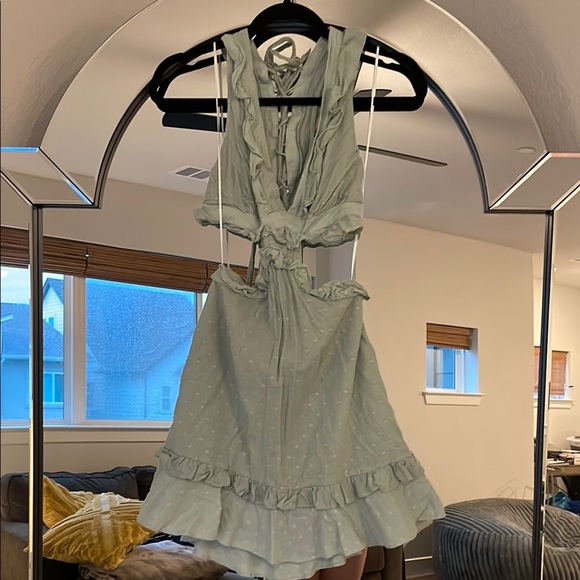 Altar'd State Green Ruffled Mini Dress Plunge Neckline - Picture 5 of 6